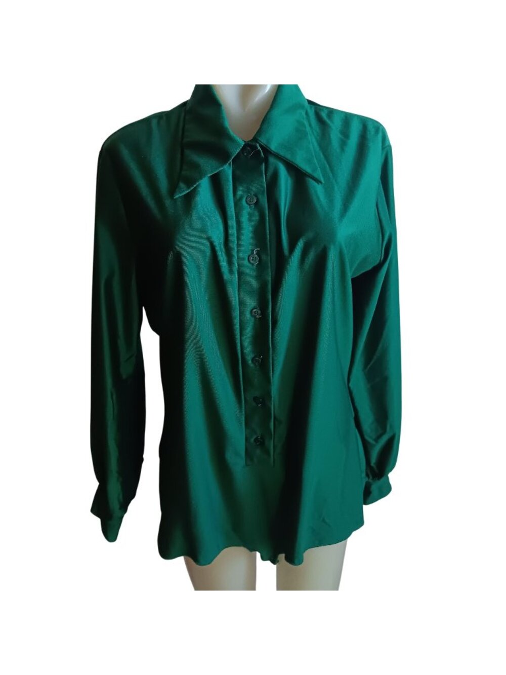 Vintage Button-Up Bodysuit Women's Large 70's Green Long Sleeve Pointed Collar